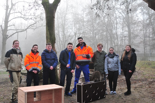 Revierleiterin Nina Au und die Azubis und DH-Studenten von Renolit im Tiergarten Worms bei der Übergabe des Stocherbaus im Waschbärengehege. (Foto: Renolit)