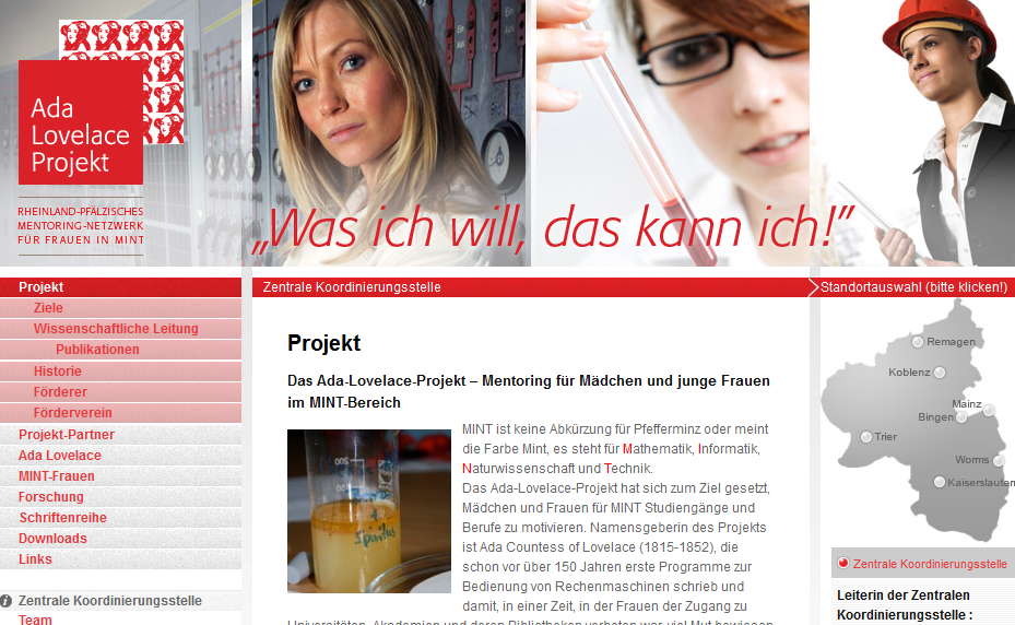 MINT-Frauen und MINT-Mentorinnen: tolle Vorbilder, zu finden auf dem Ada Lovelace Projekt (Bild: Screenshot Webseite).