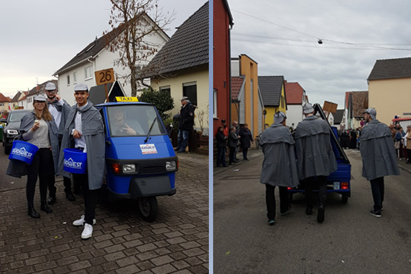 Natürlich blieben die Azubis stilecht: Sogar ihr Südwest-Lastendreirad verkleideten sie als Londoner Taxi. (Foto: Südwest)